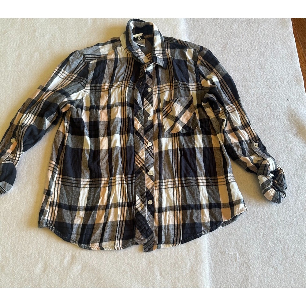 Wrapper Plaid Flannel Button Down Shirt Women Large Black Gray White Long Sleeve